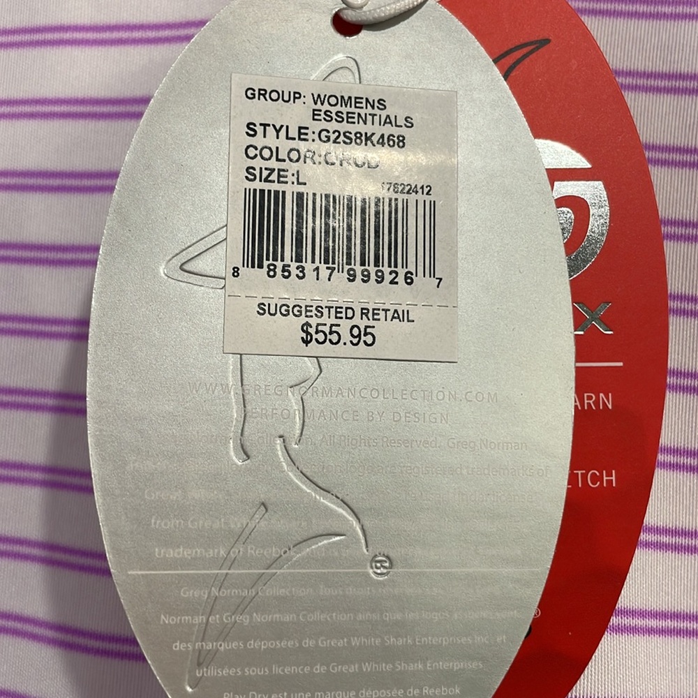Greg Norman NWT Size Lg Orchid/White Stripe Sleeveless Moisturizer Wicking - Picture 5 of 5